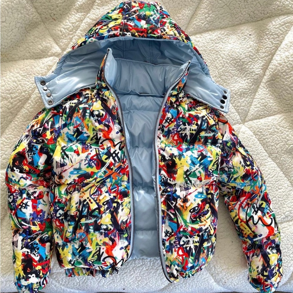 Reversible Blue Puffer Coat with detachable hood from kash Kouture (UNISEX)